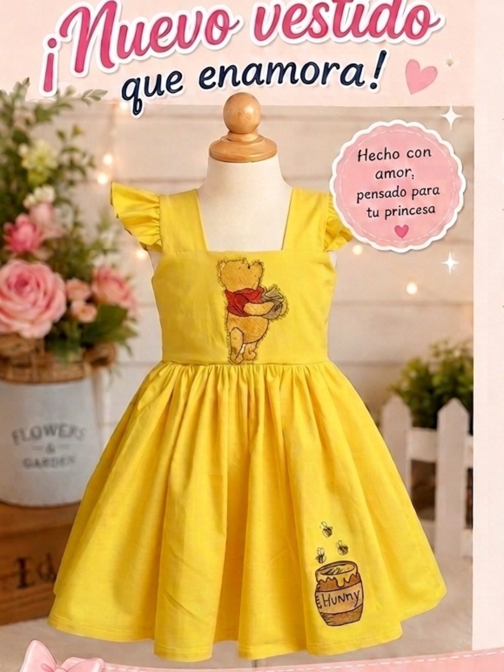 Girls' Yellow Winnie-the-Pooh Embroidered Party Dress